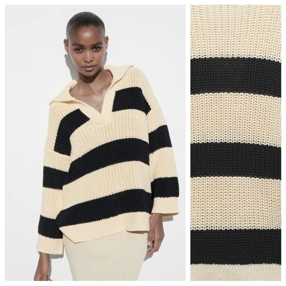 NWT. Zara Cream/Black V-Neck Oversized Striped Sweater. Size M-L. - Picture 3 of 11
